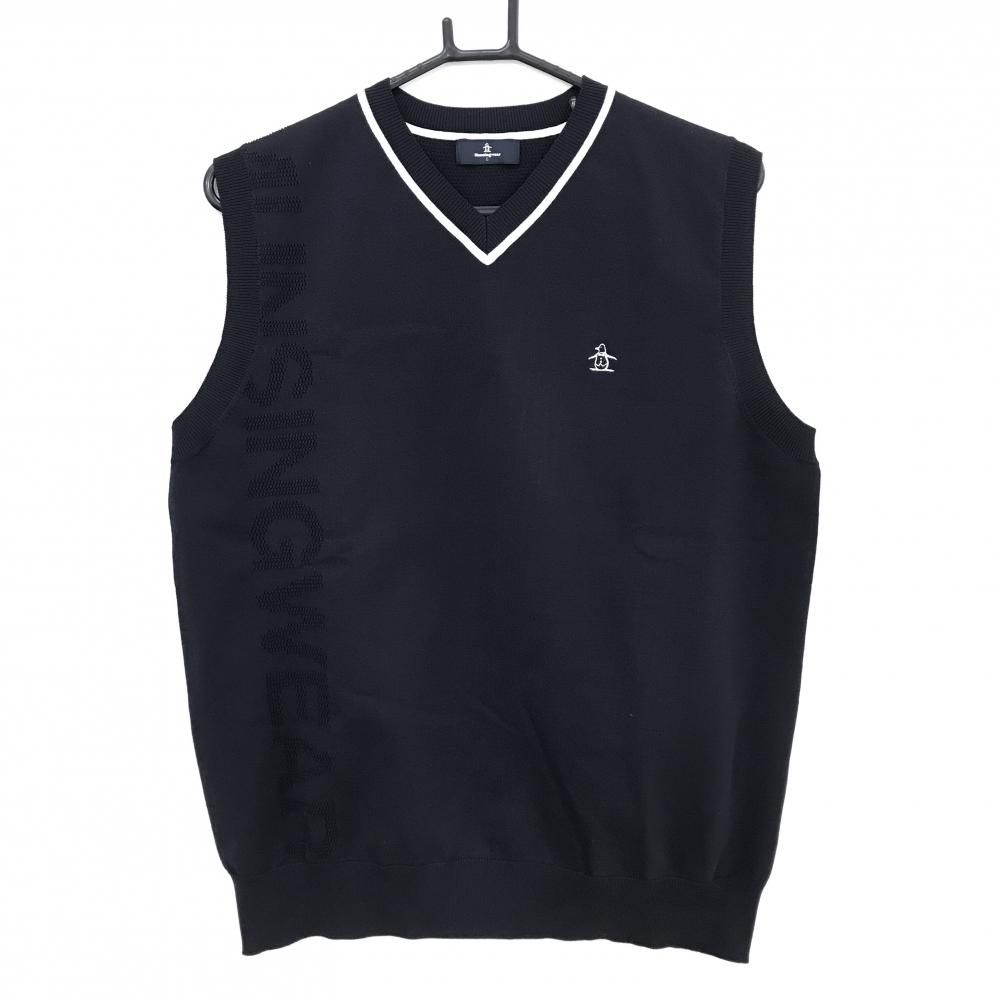 超美品】マンシングウェア ニットベスト ネイビー×白 ロゴ透かし編み V