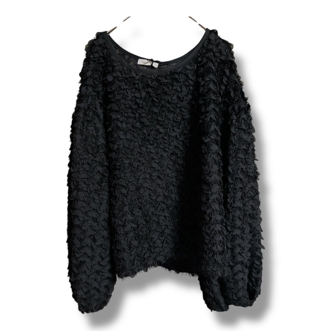 ラウンジドレス ジャガードブラウス フリル フリンジ デザインブラウス 長袖 プルオーバー トップス 定価19000円 レディース サイズF ブラック 春 1 No.K 1188