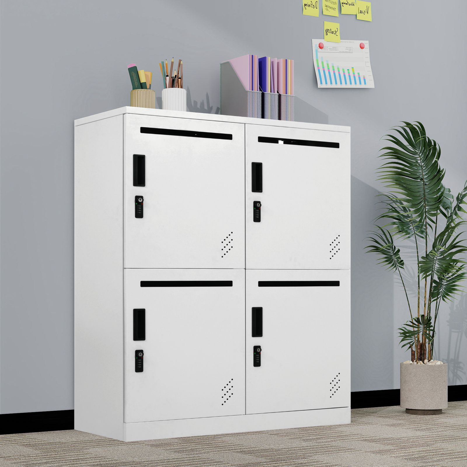 パーソナルロッカー 4人用 2段 スチール製 キャビネット 収納棚 スリム 収納 オフィス 事務所 会社 店舗 病院 学校 更衣室 寝室 業務用 通気性抜群 簡単組立 頑丈 ホワイト
