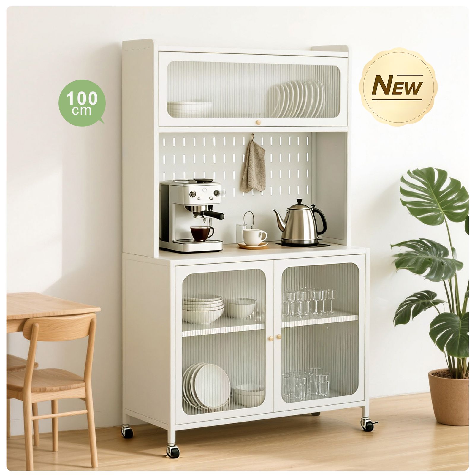 食器棚 キッチンカウンター スリム キッチン収納 ガラス扉 キッチンワゴン キッチンボード キッチンキャビネット 100 cm カップボード 収納 棚 ラック リビング 炊飯器 トースター 電子レンジ台 ホワイト