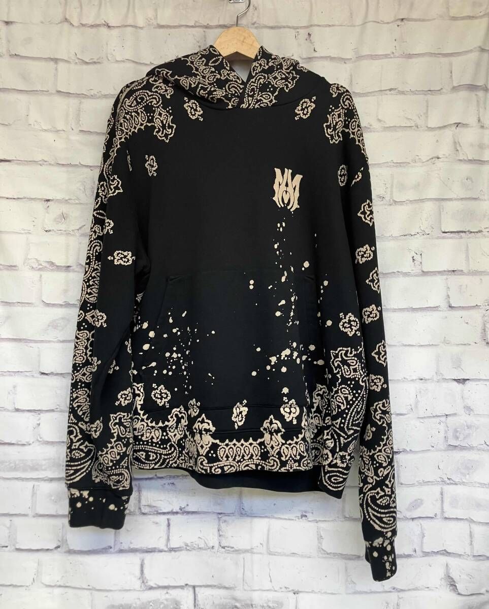 AMIRI アミリ パーカー バンダナ柄 ブリーチプルオーバー バックロゴ ペイズリー Lサイズ ブラック コットン