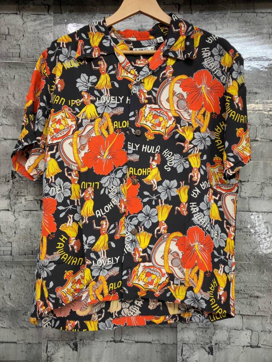 SUN SURF サンサーフ アロハシャツ フラダンス柄 サイズM ブラック オレンジ イエロー