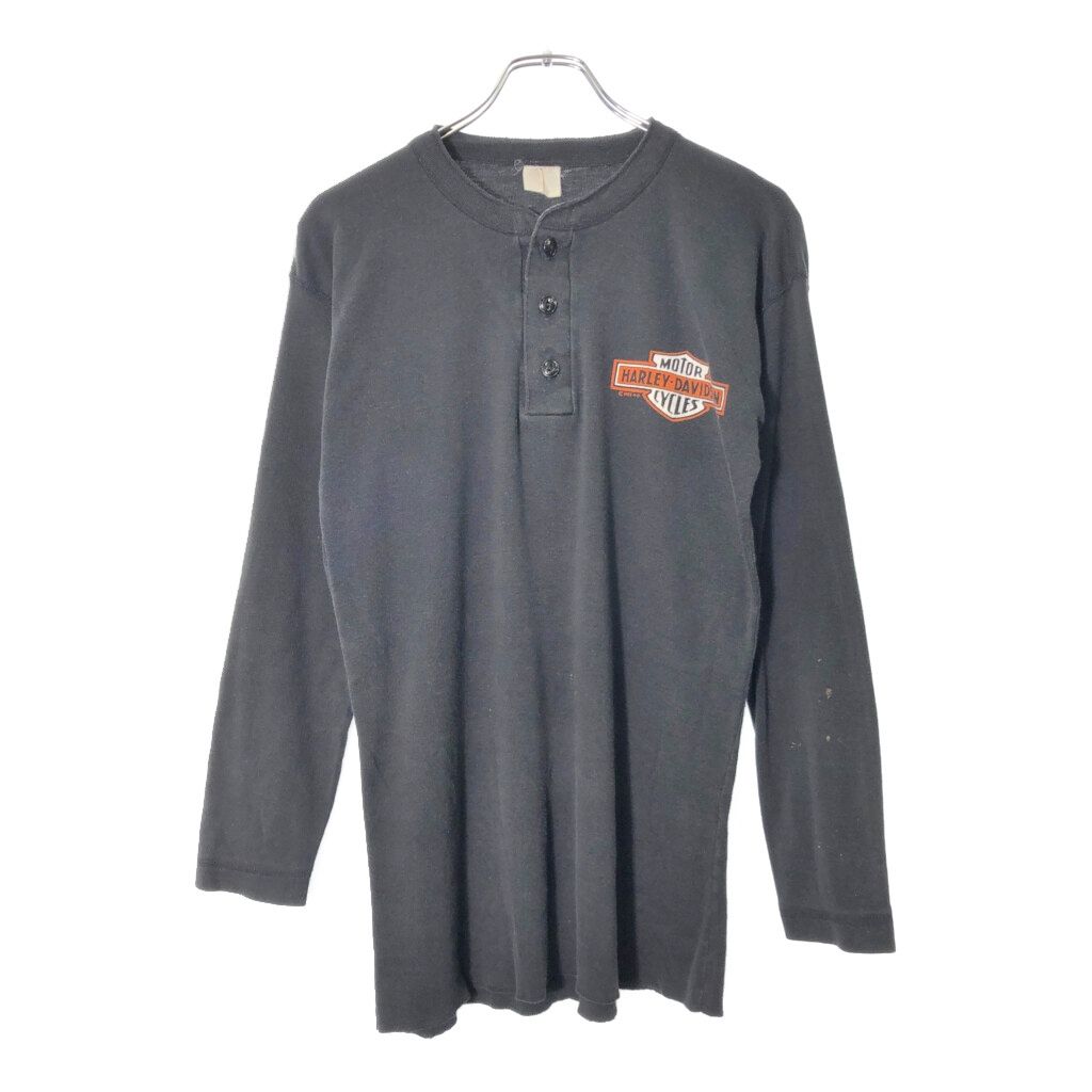 80年代 HARLEY ハーレーダビッドソン ヘンリーネック 長袖Ｔシャツ モーターサイクル ブラック メンズ LARGE 古着 X 0061