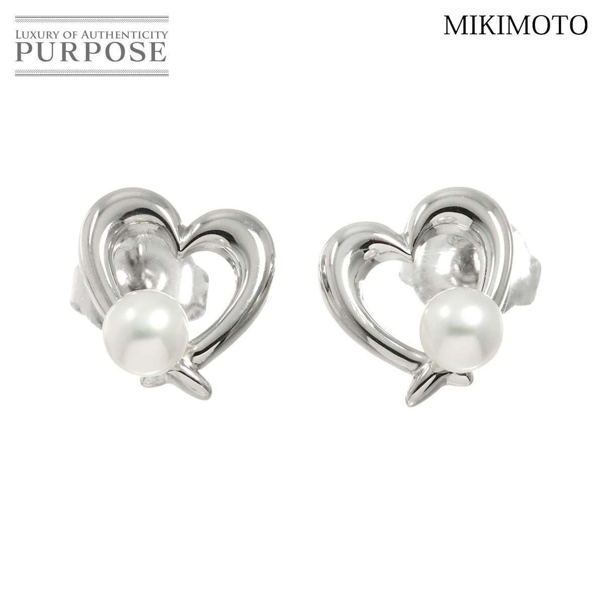 ミキモト アコヤ真珠 4.0 mm ハート ピアス K 18 WG ホワイトゴールド 750 パール Akoya Pearl Earrings Pierced