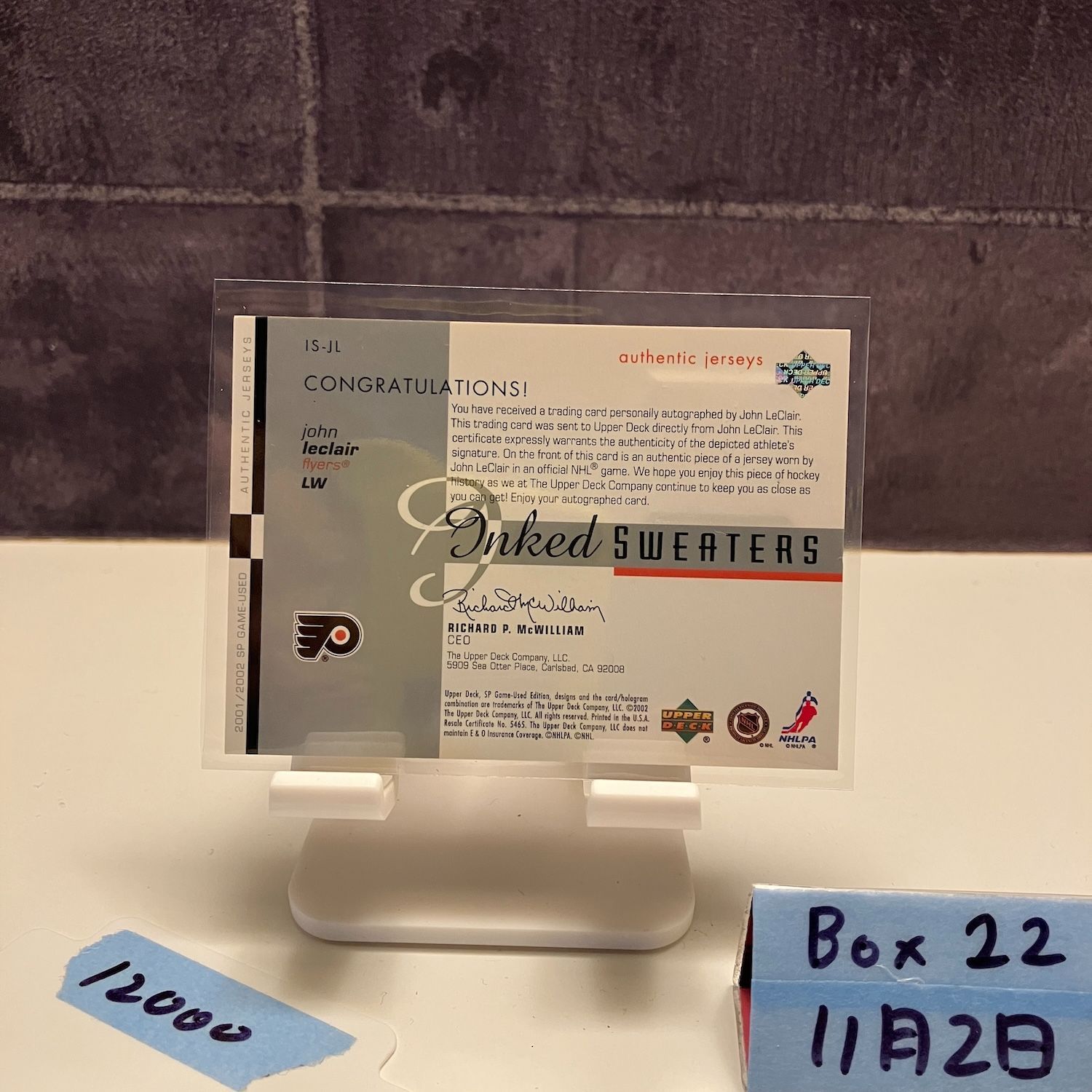 2001 02 Upper Deck SP Game John LeClair 086 100 直筆サインカード Philadelphia Flyers Inked Sweaters ジャージ カード