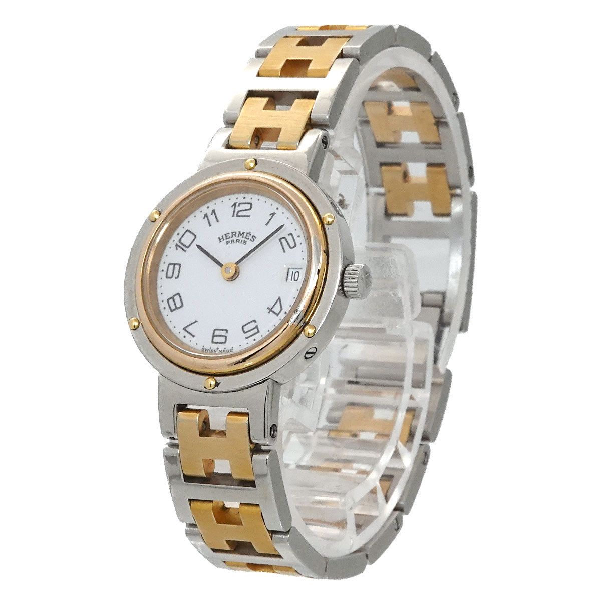 エルメス HERMES クリッパー コンビ ヴィンテージ レディース 腕時計 デイト ホワイト クォーツ ウォッチ Clipperr