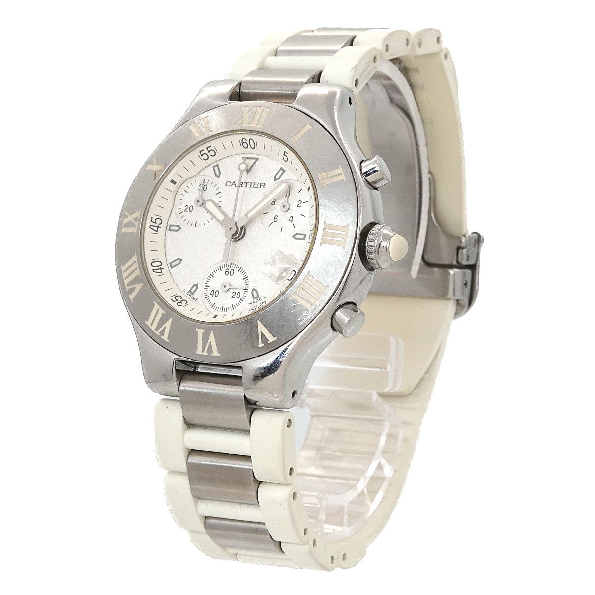 カルティエ Cartier マスト21 ヴァンティアン クロノスカフ クロノグラフ メンズ デイト ラバー クォーツ Chronoscaph