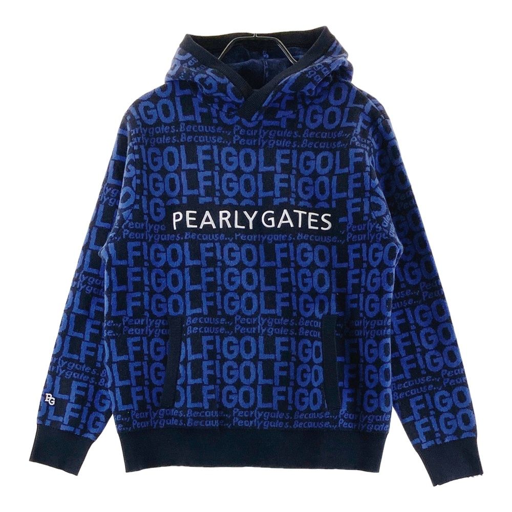 サイズ 4 PEARLY GATES パーリーゲイツ フード付 ニットセーター カシミヤ混 ロゴ 総柄 ネイビー系 ゴルフウェア メンズ ストスト