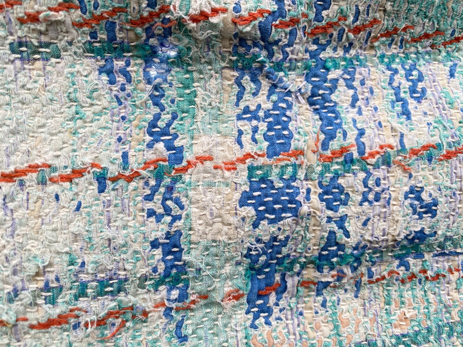 3555　ラリーキルト　カンタキルト　オールドファブリック　ハギレ　インド　ボロ　ステッチ　刺繍　パープル　グリーン　ソファーカバー　タペストリー　マルチカバー　手仕事　資材　１点物　リバーシブル　50&times;50　送料無料　おまとめ割引