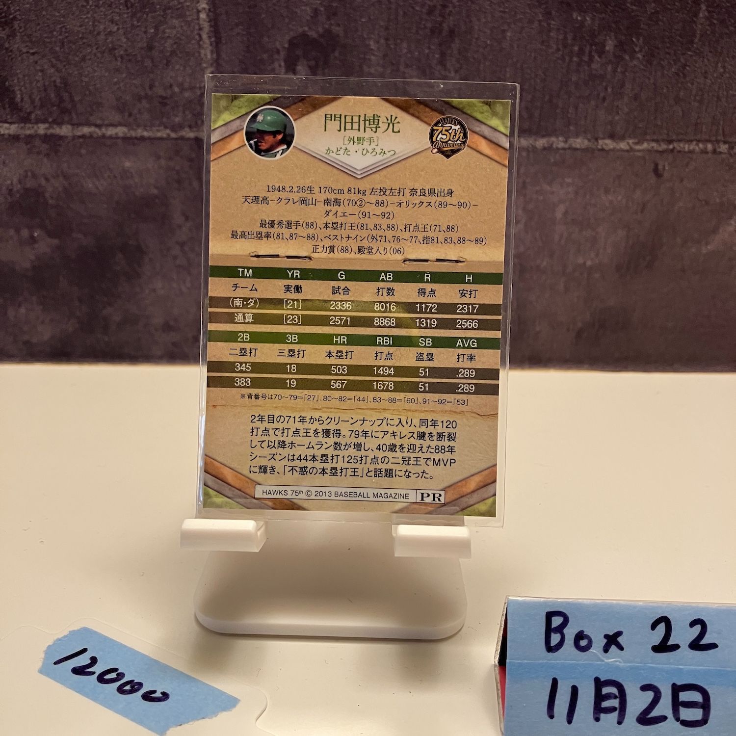 2013 BBM 門田博光 直筆サインカード 南海ホークス 75th Anniversary