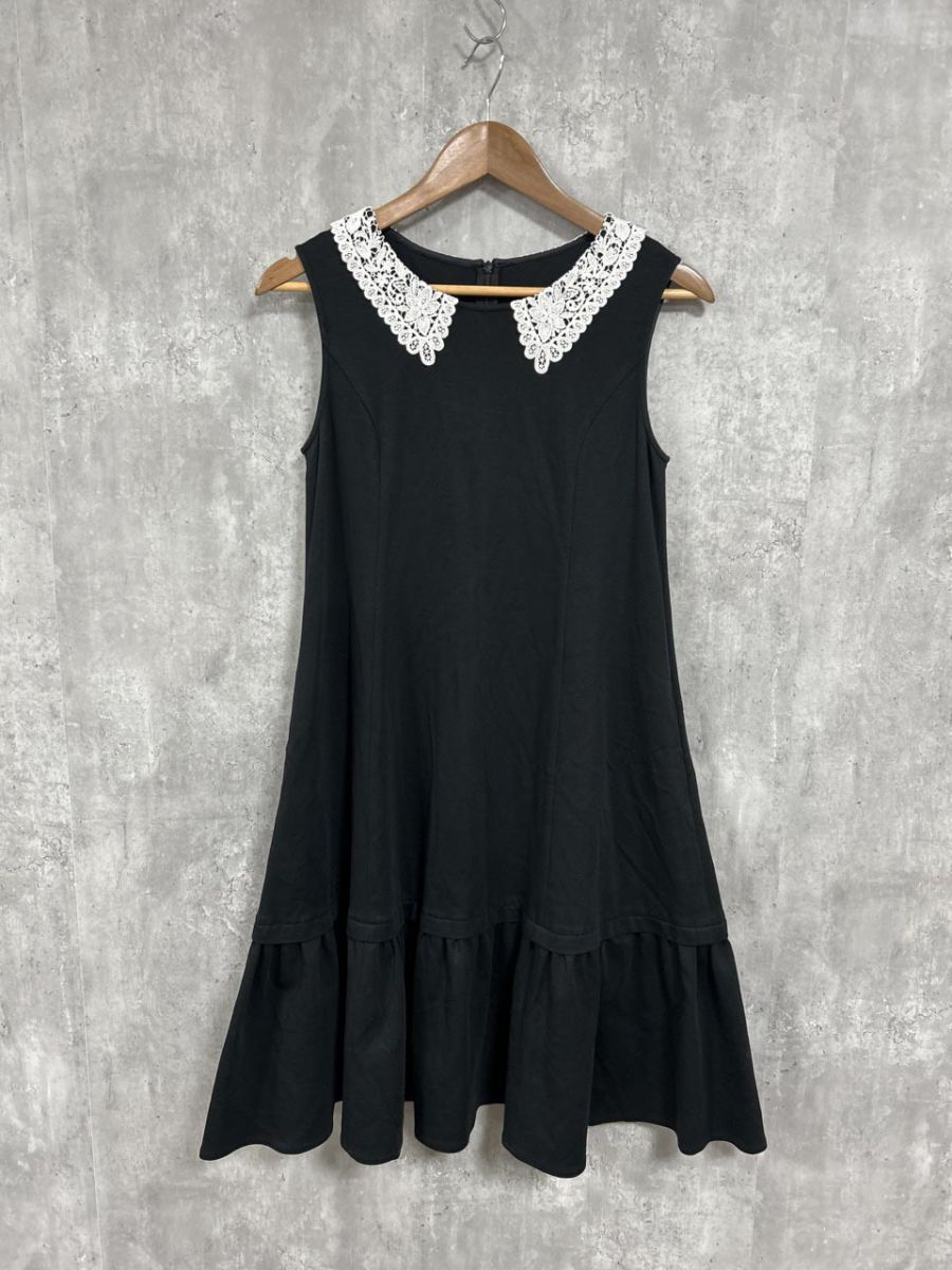 Rene basic ルネベーシック 日本製 レース襟 アイテム Aライン ワンピース size 34|白ｘ黒 ◆◎レディース