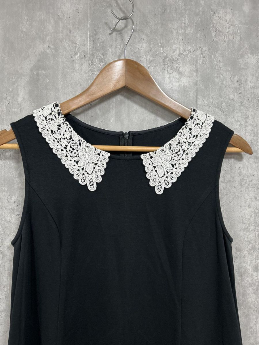 Rene basic ルネベーシック 日本製 レース襟 アイテム Aライン ワンピース size 34|白ｘ黒 ◆◎レディース