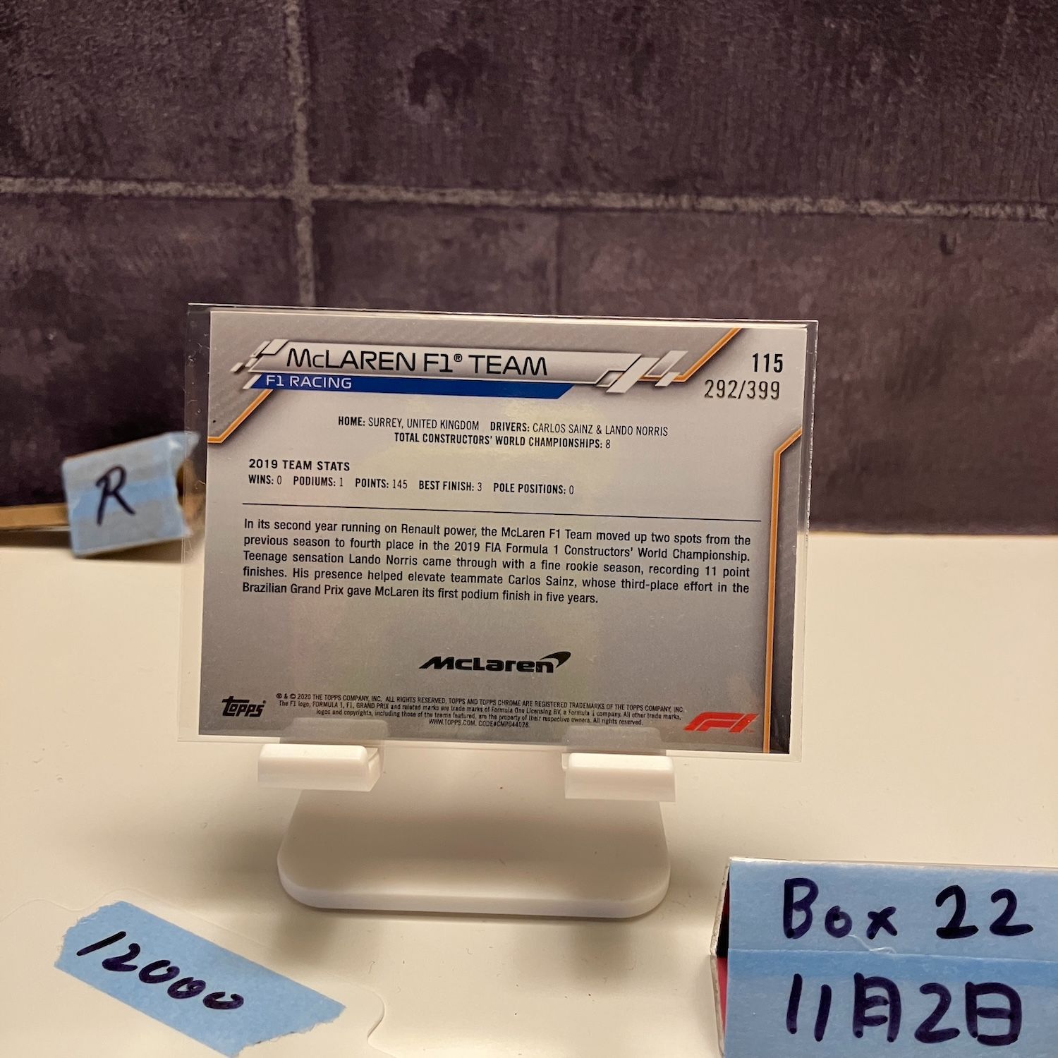 2020 Topps Chrome McLaren F 1 Team 292 399 Purple Refractor カード