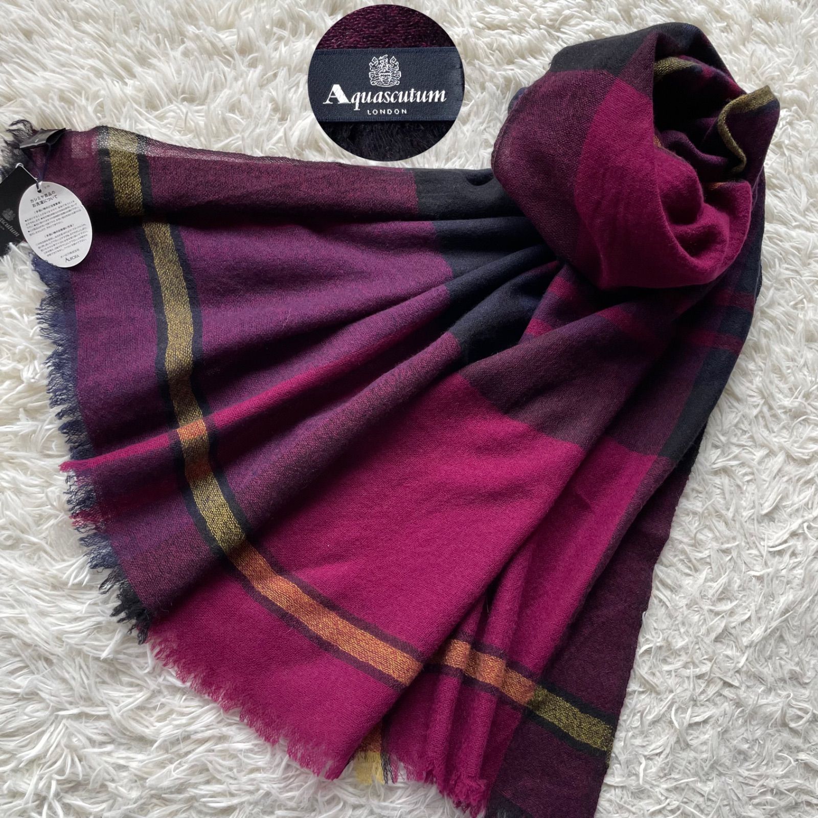 Aquascutum アクアスキュームタム ♥ タグ付き 洗えるカシミヤ 大判ストール マフラー ショール 膝掛け チェック フリンジ