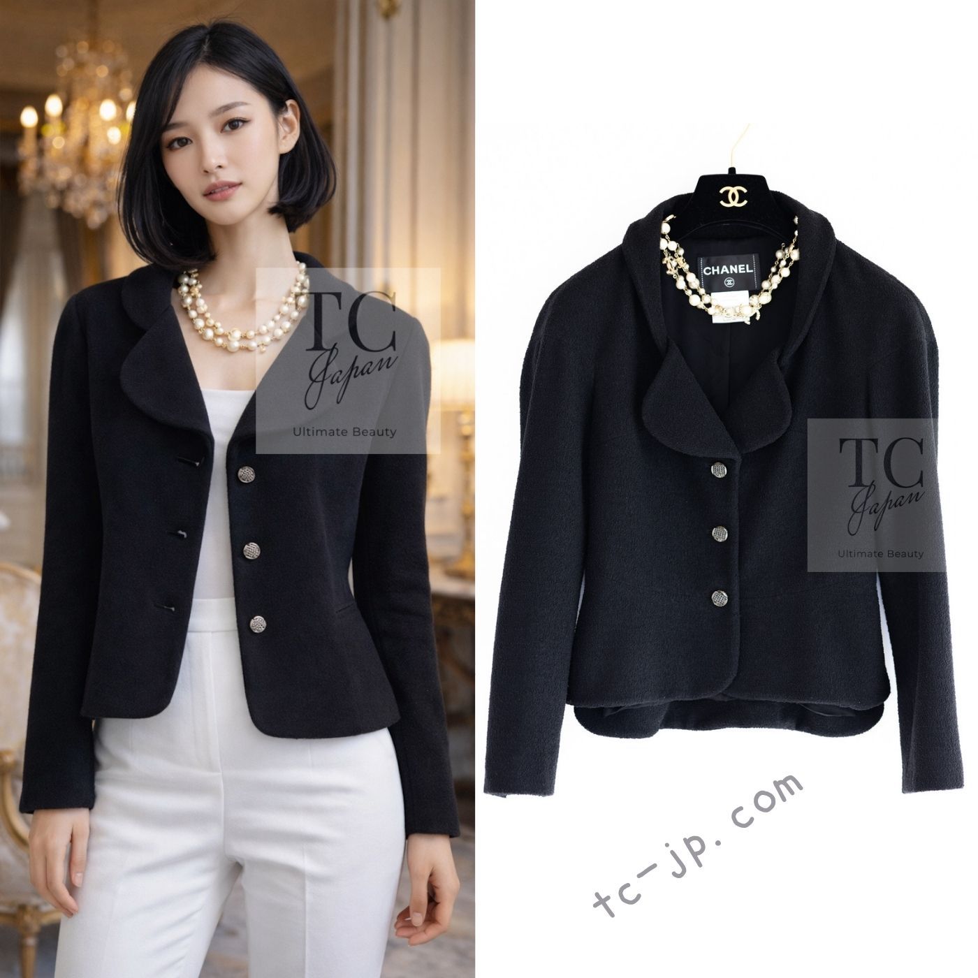 シャネル ジャケット CHANEL 71万 ブラック ラインストーン CC ボタン ウール ツイード カール ラガーフェルド 超 36