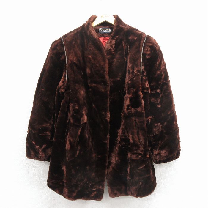 古着 長袖 ジャケット コート レディース 80年代 80 s フェイクファー ロング丈 茶 25 nov 17
