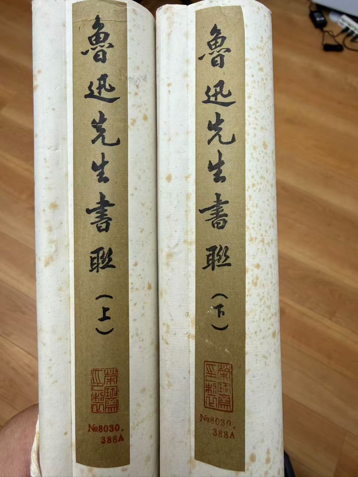 魯迅 名言対聯 掛軸 一対 横眉冷対千夫指 俯首甘為孺子牛 栄宝斎 木版水印印刷