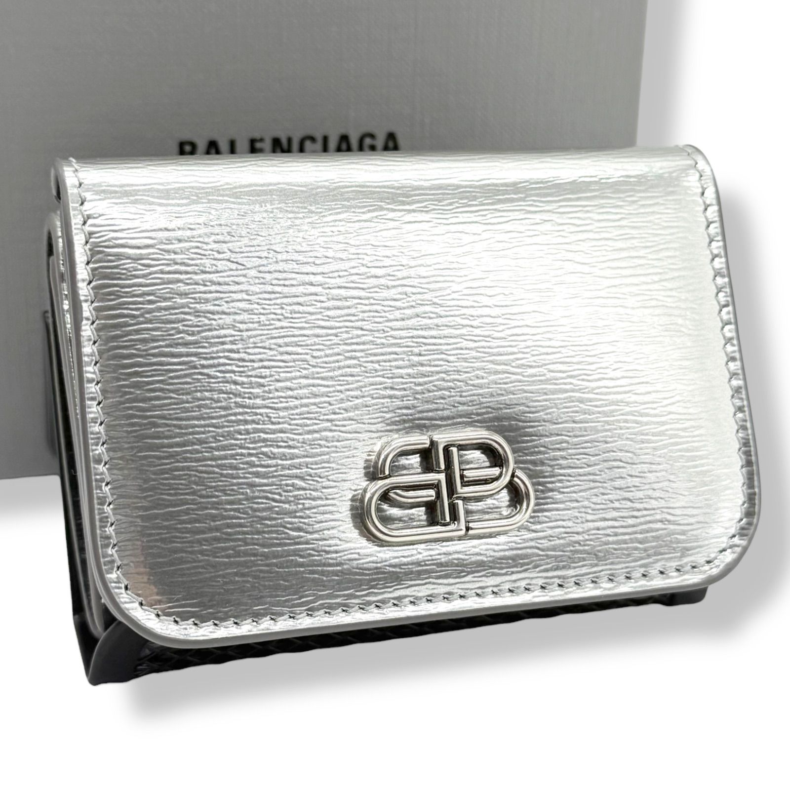 使用わずか バレンシアガ 3つ折り財布 コンパクトウォレット シルバー