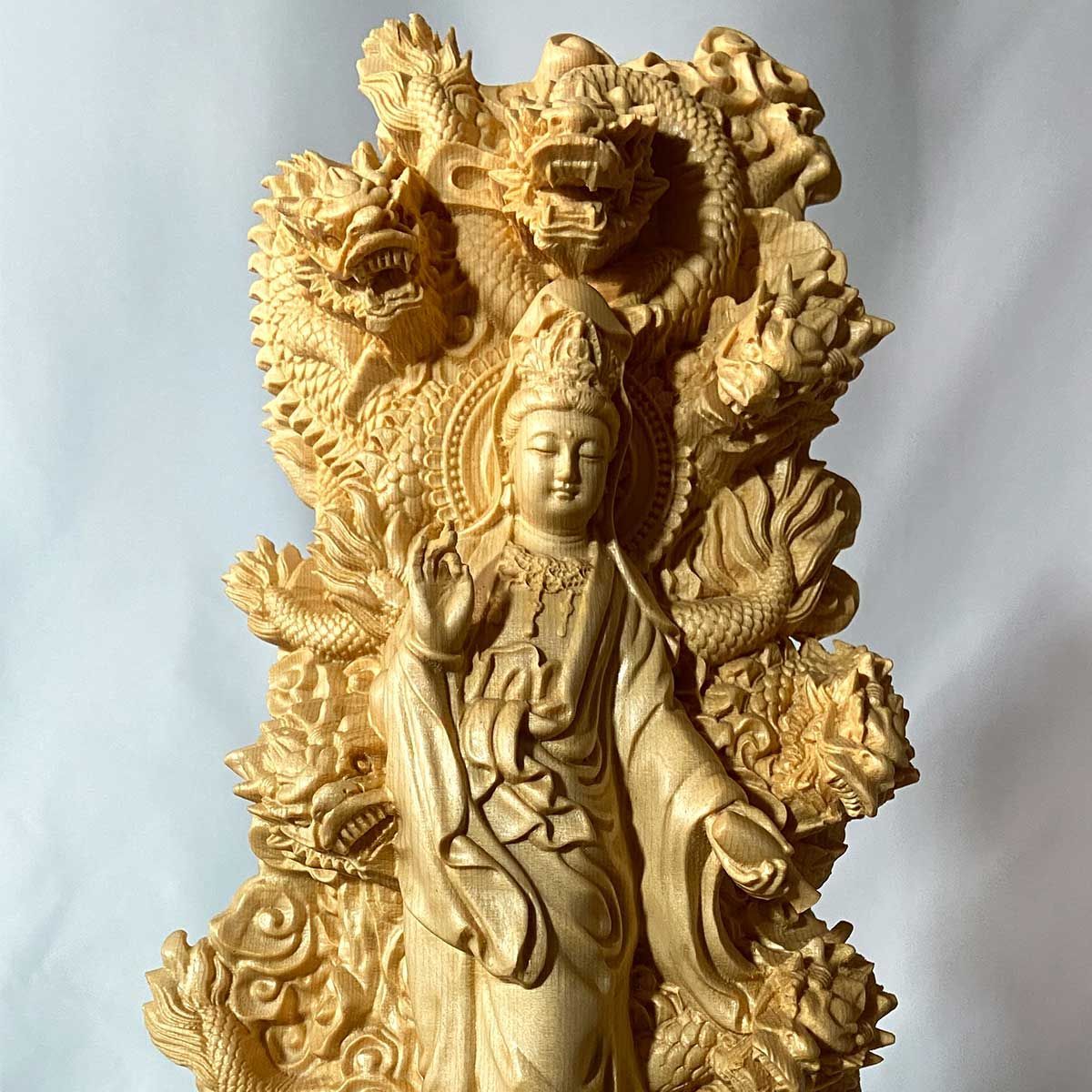  九龍観音 観音像｜30 cm 九体の龍に守られた桧木製仏像 龍神守護 木彫り 置物 インテリア 龍神 守護 仏像 仏壇 仏具