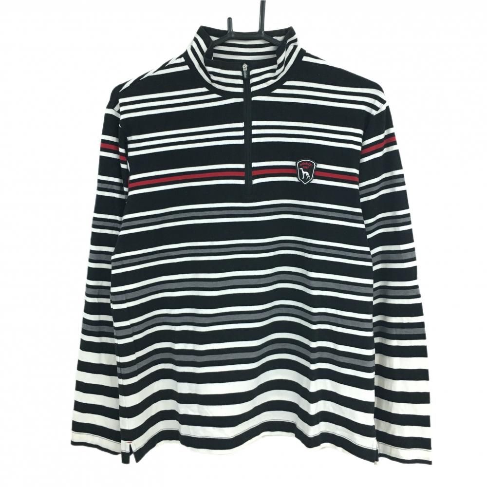 アダバット 長袖ハイネックシャツ 黒×白 ボーダー調 ハーフジップ 表微