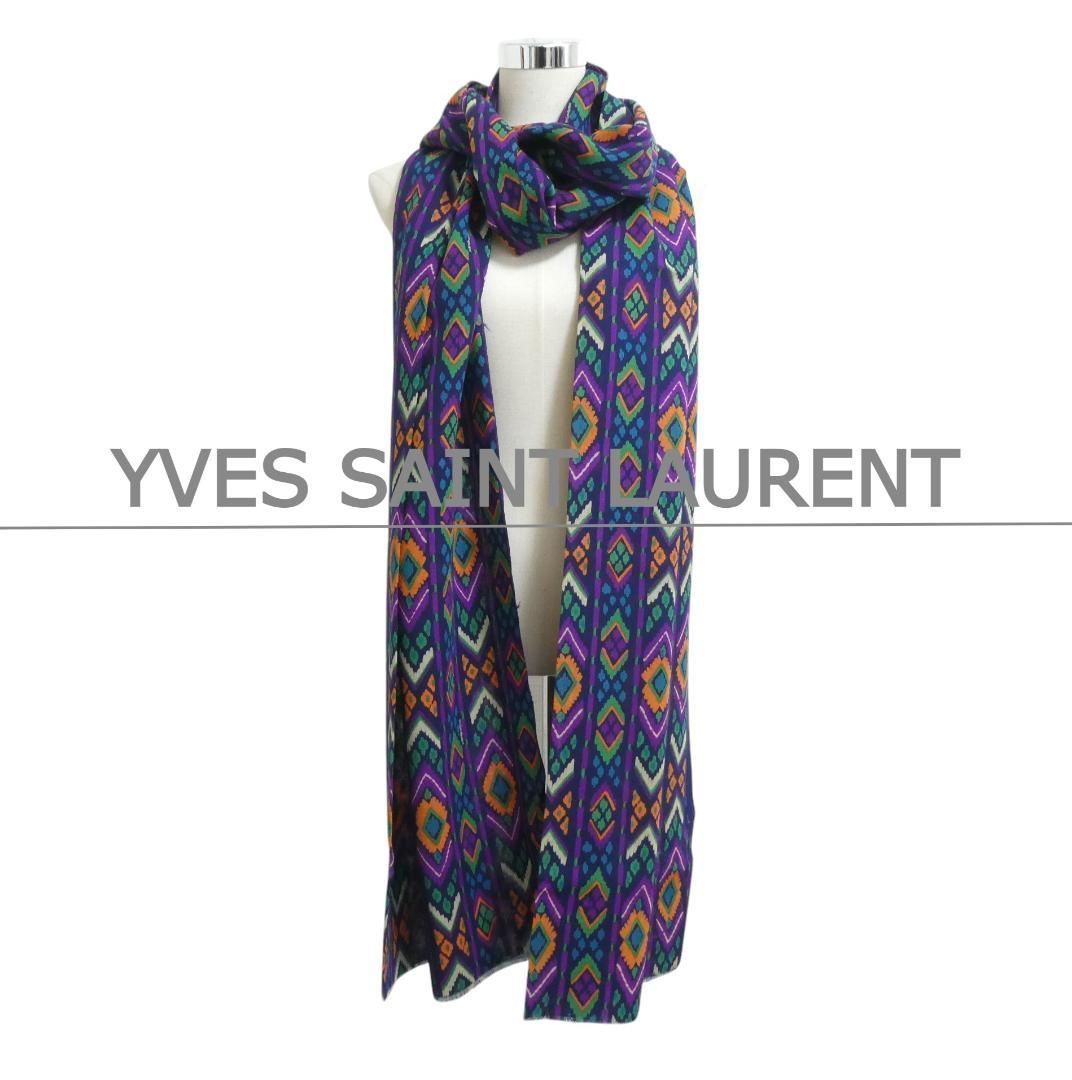 YVES SAINT LAURENT イヴサンローラン 総柄 ロゴ 大判 ストール ショール マフラー ネイビー マルチカラー