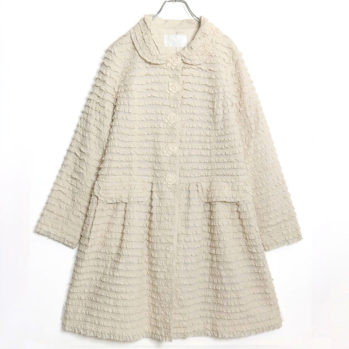 美品】ピンクハウス☆たっぷり段々フリル♪長袖コート エクリュ系 前 
