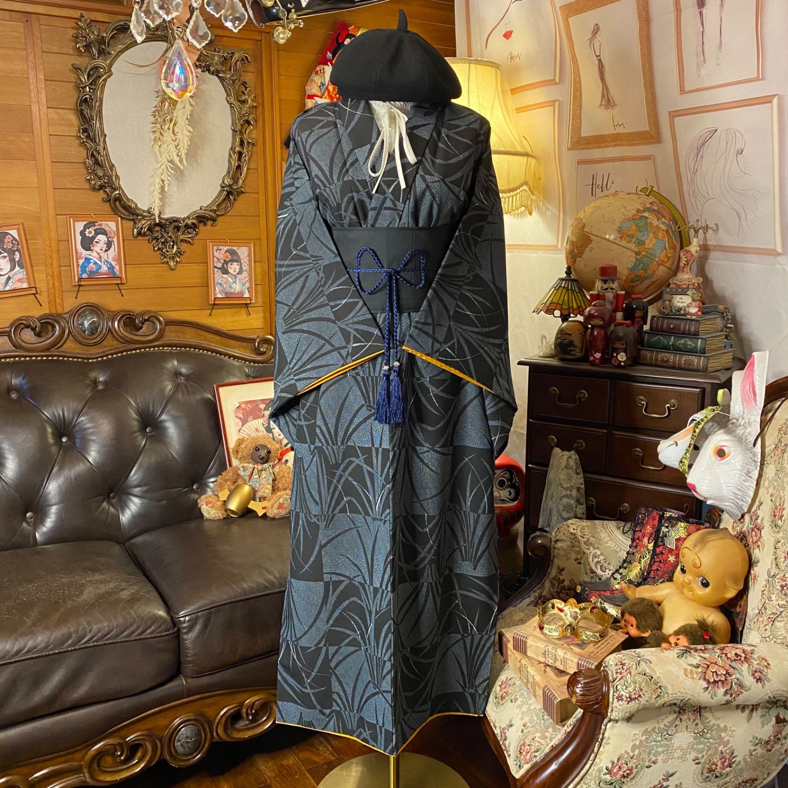 着物リメイク ワンピース ドレス ロング 洗える 化繊 帯サッシュベルト 和洋折衷 レトロ 古着 ハンドメイド 深紺とモダン市松 KW-1223