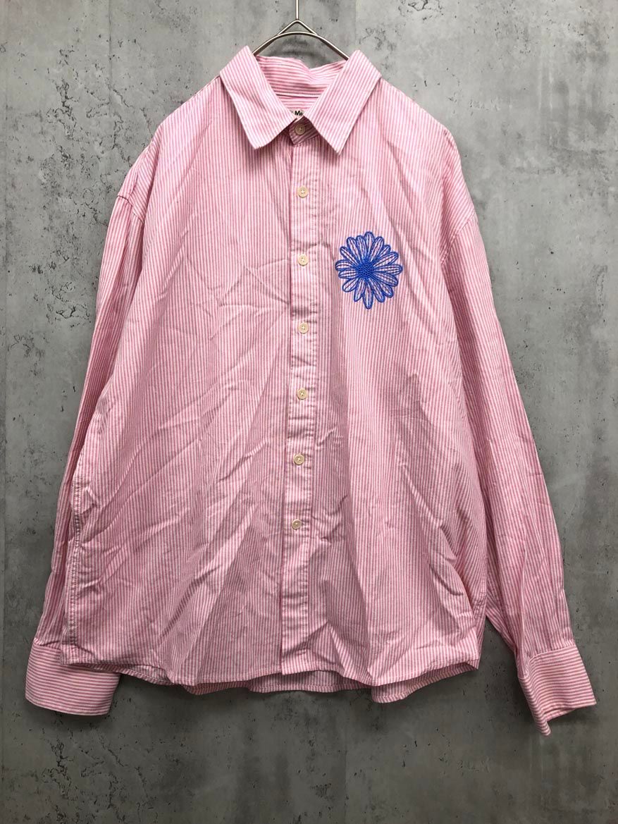 Mardi Mercredi マルディ メクルディ ブラウス OXFORD SHIRT STRIPE オックスフォードシャツストライプ 刺繍 フラワー シャツ sizeONE|ピンク ◎レディース