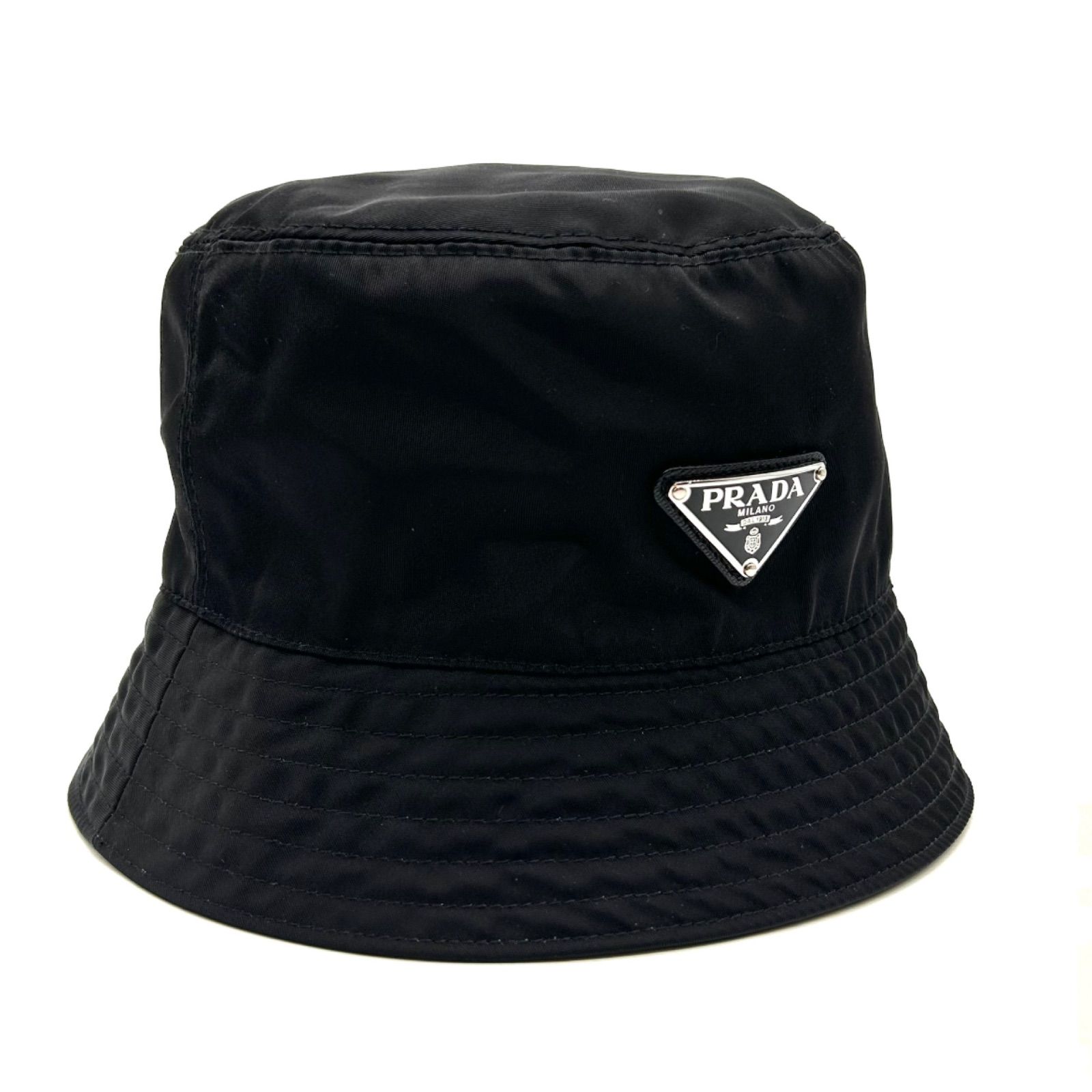 PRADA プラダ バケットハット Ｍ ナイロン ブラック 三角プレート ロゴ レディース 帽子