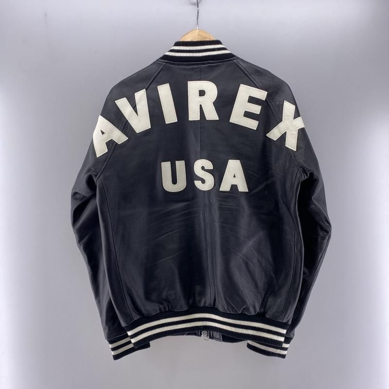 中古】AVIREX バックロゴ シープスキン ジップスタジャン ブラック
