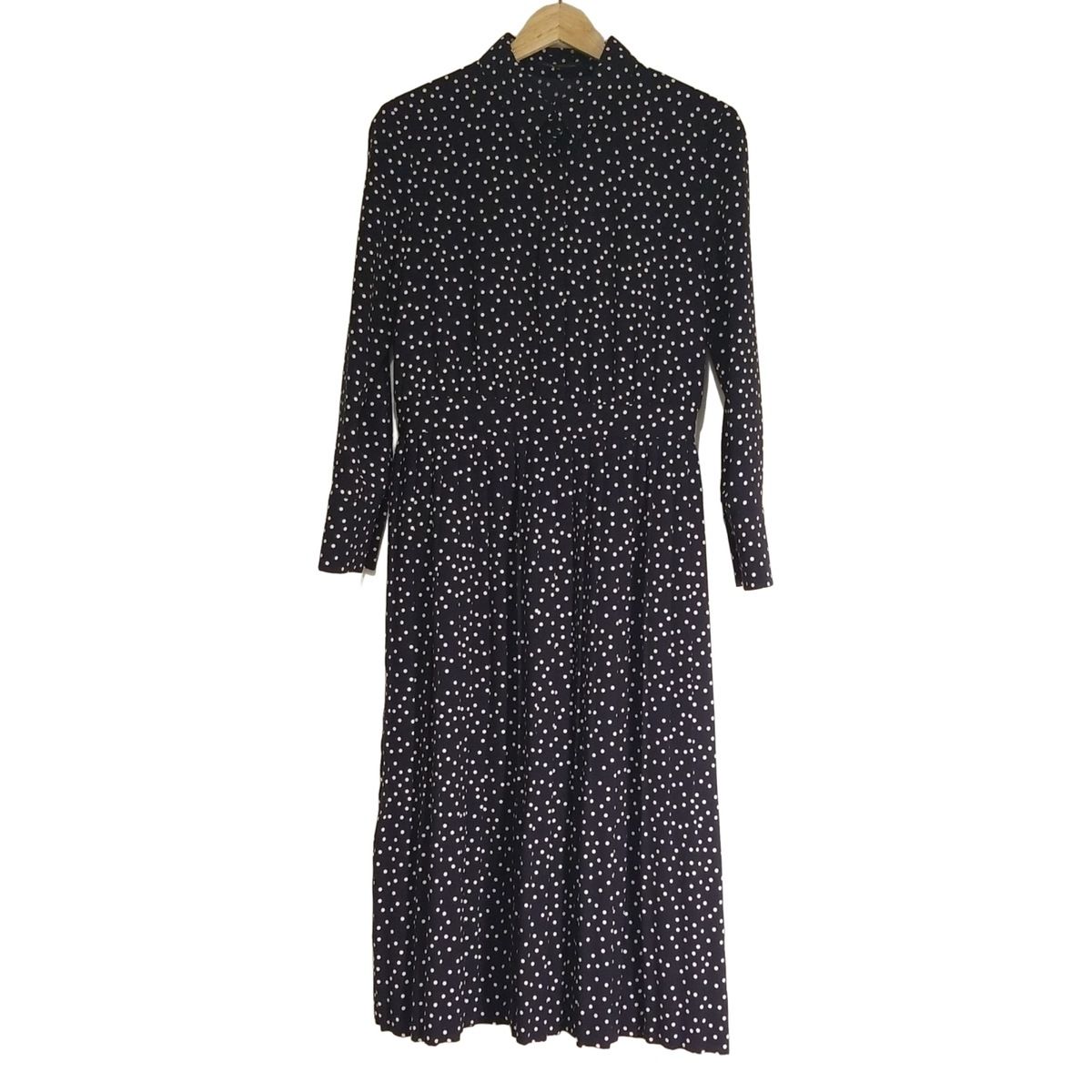 23区 ニジュウサンク ワンピース サイズ38 M レディース - ダークネイビー×白 レギュラーカラー|長袖|ロング|ドット柄|プリーツ