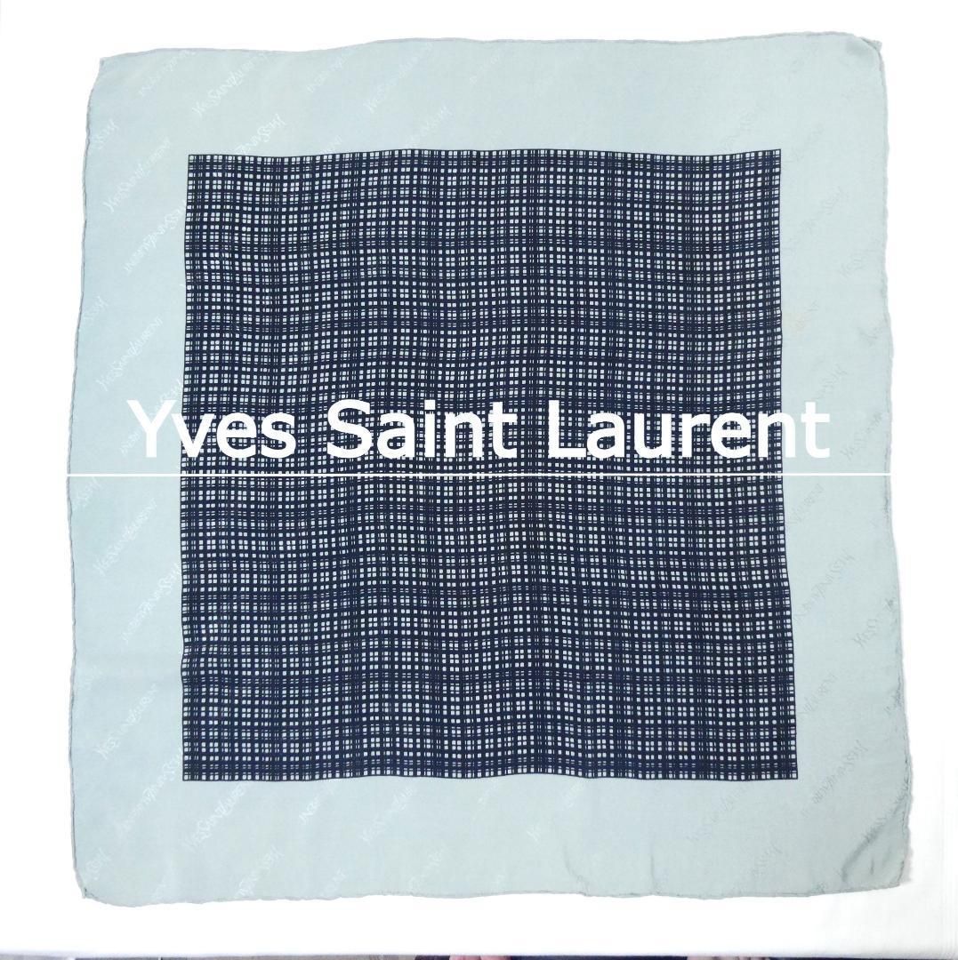 Yves Saint Laurent イヴサンローラン チェック柄 ロゴ シルク スカーフ ハンカチ ネイビー グレー系