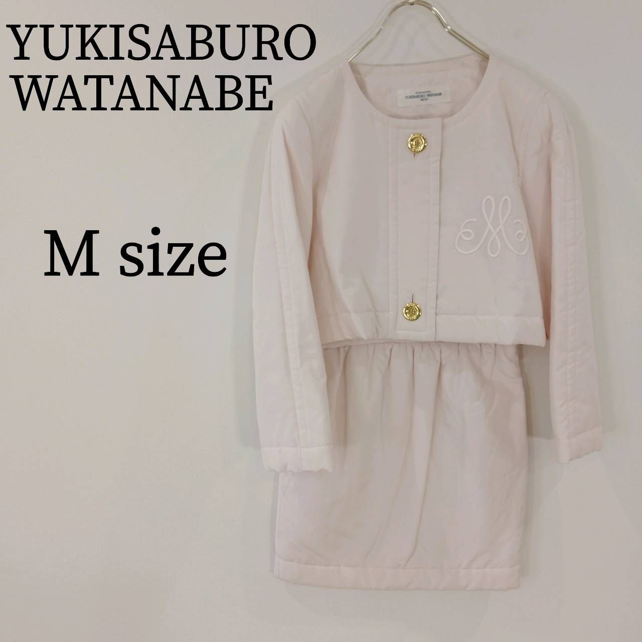 ユキサブロウ ワタナベ セットアップ 2ピース 長袖 クルーネック 刺繍 ゴールドボタン ミニスカート タイト ショート丈 ピンク M