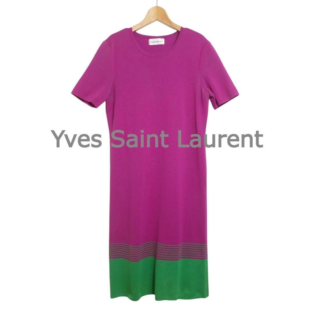 Yves Saint Laurent イヴサンローラン サイズM バイカラー ボーダー柄 膝丈 クルーネック 半袖 ニット ワンピース パープル グリーン レディース
