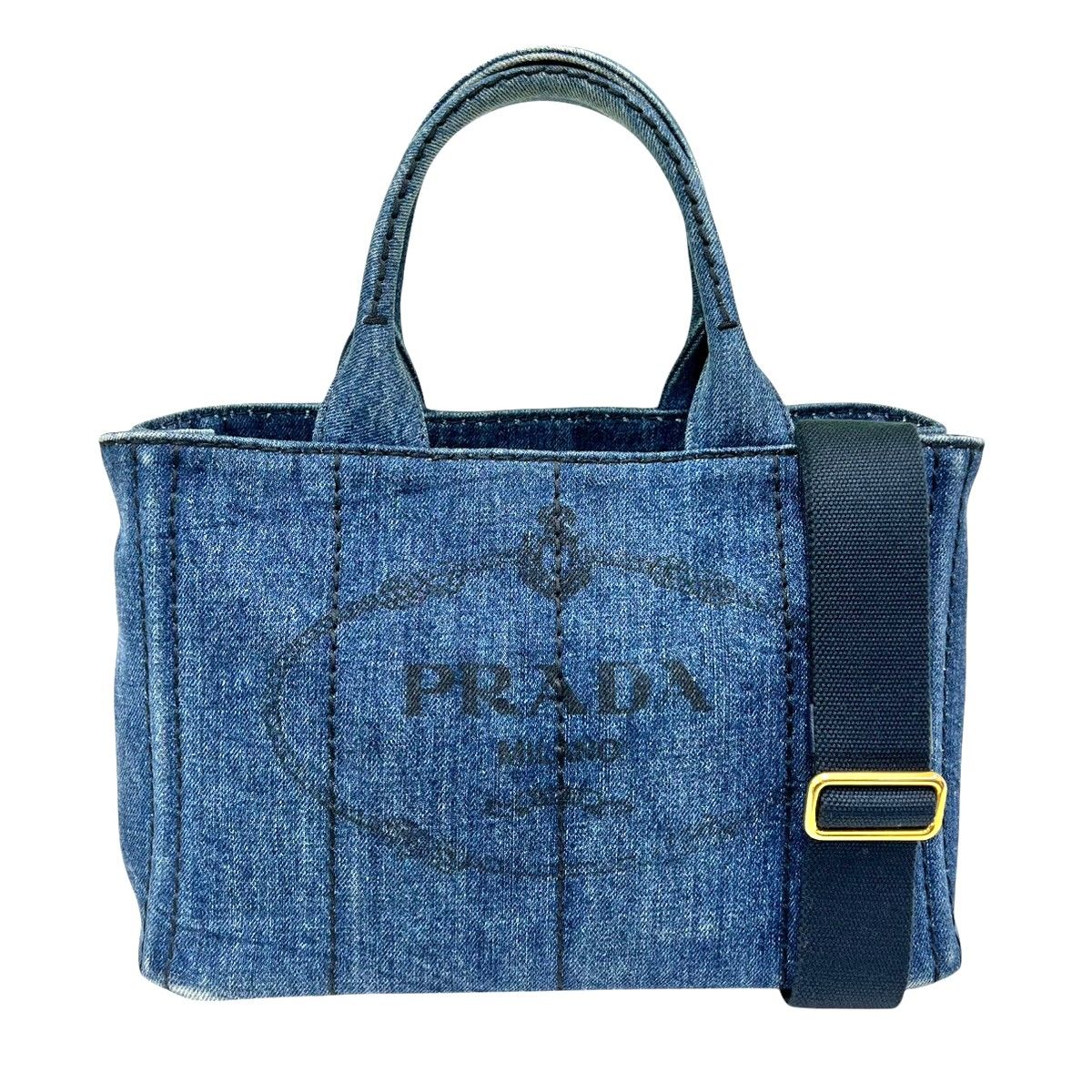 PRADA プラダ カナパ トート ミニ デニム 2 way トートバッグ ショルダーバッグ 1 BG 439 ブルー ネイビー ロゴ CANAPA DENIM ハンドバッグ クロスボディ ユニセックス ABランク 鑑定済 プラダバッグ