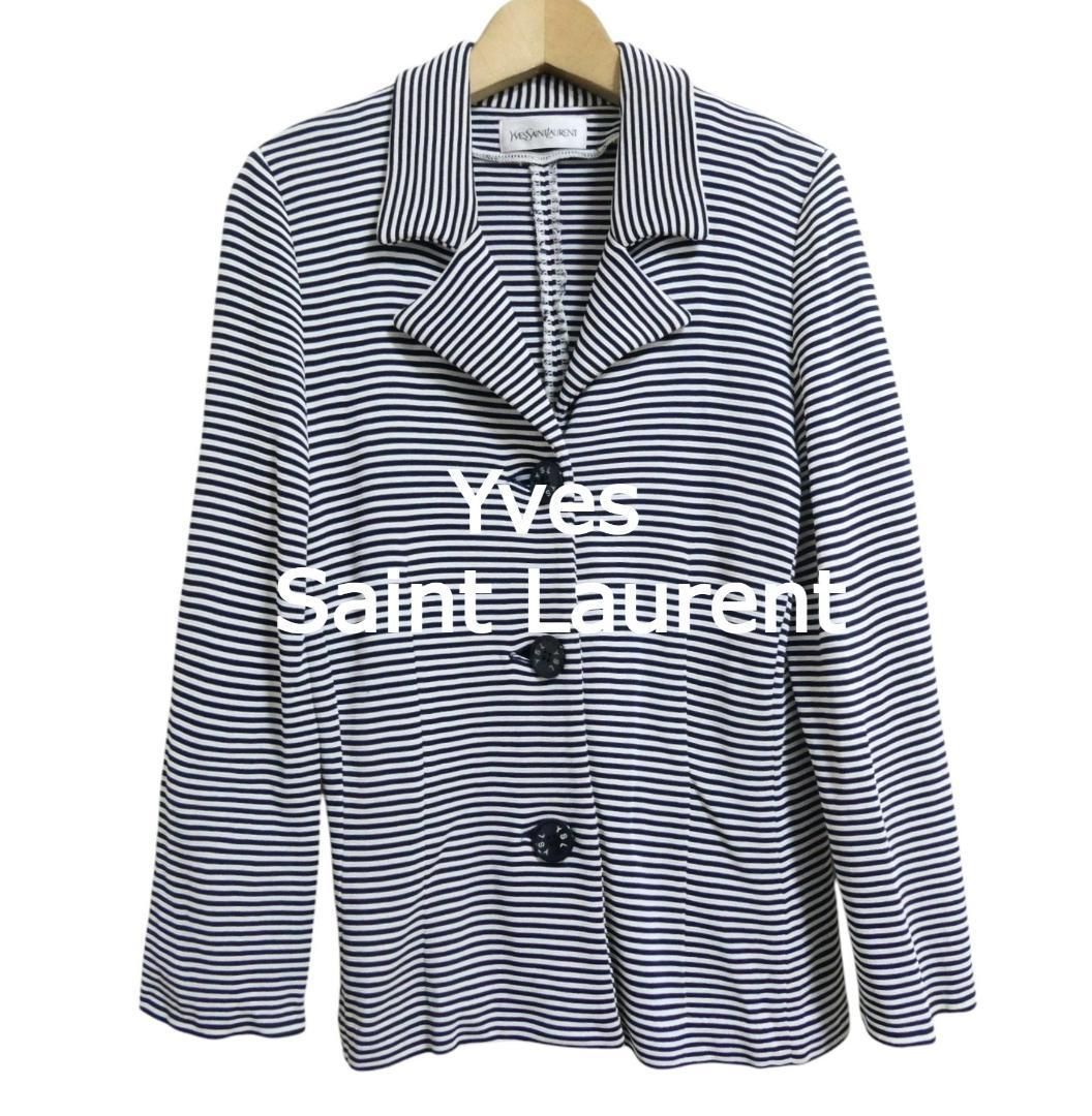 Yves Saint Laurent イヴサンローラン サイズM レーヨン ボーダー柄 オープンカラー ニット カーディガン シャツ ネイビー×ホワイト レディース