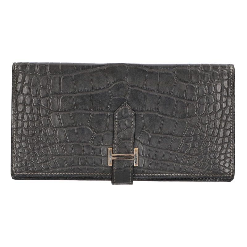 エルメス ベアンスフレ D刻印 SV金具アリゲーターマット財布 メンズ