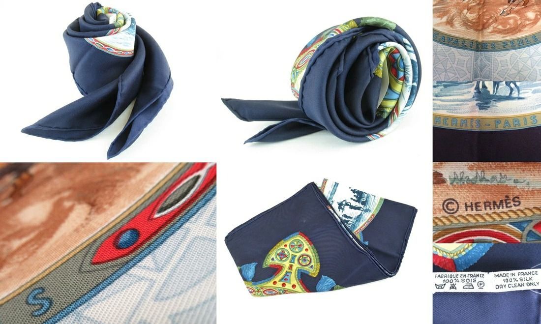 HERMES エルメス Karre 90 PEULS カレ90 プール族の騎手 ネイビーブルー系 青系 正方形 スカーフ レディース 婦人 女性 フランス製 シルク ♥品 rk 8809