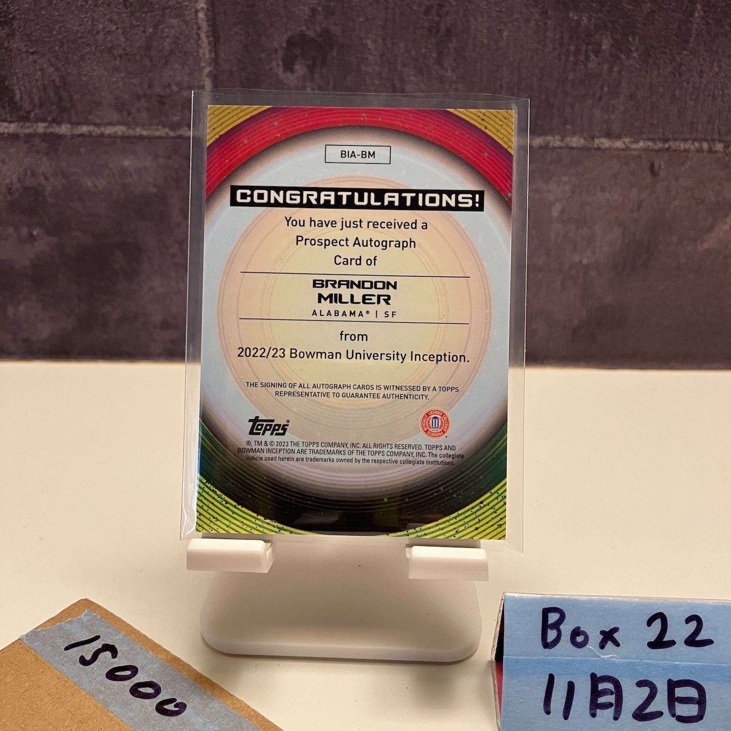 2025 23 Topps Bowman University Inception Brandon Miller 直筆サインカード Alabama Crimson Tide カード