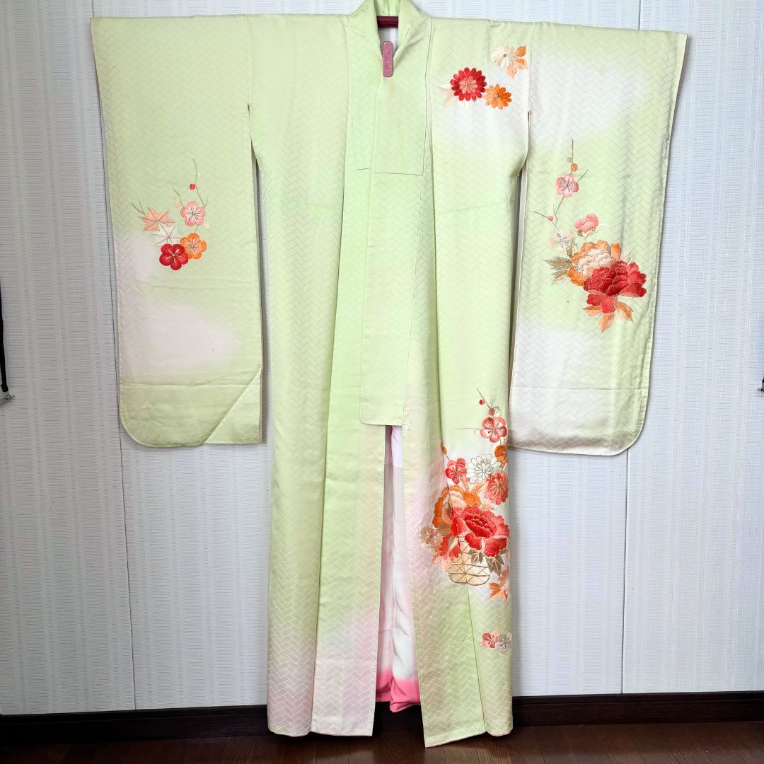訳あり 振袖セット 袋帯 長襦袢 トールサイズ 身丈168 cm 淡色グリーン 花柄 刺繍 3点セット 練習用 リメイクにも アンティーク レトロ furisode set