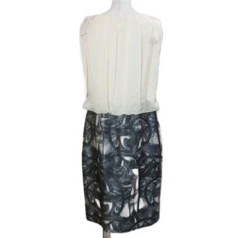 エスカーダ ESCADA ドッキングワンピース コクーン ミディ丈 シルク 異素材 ノースリーブ 総柄 肩リボン 40 日本サイズLL相当 オフホワイト グレー系 |X