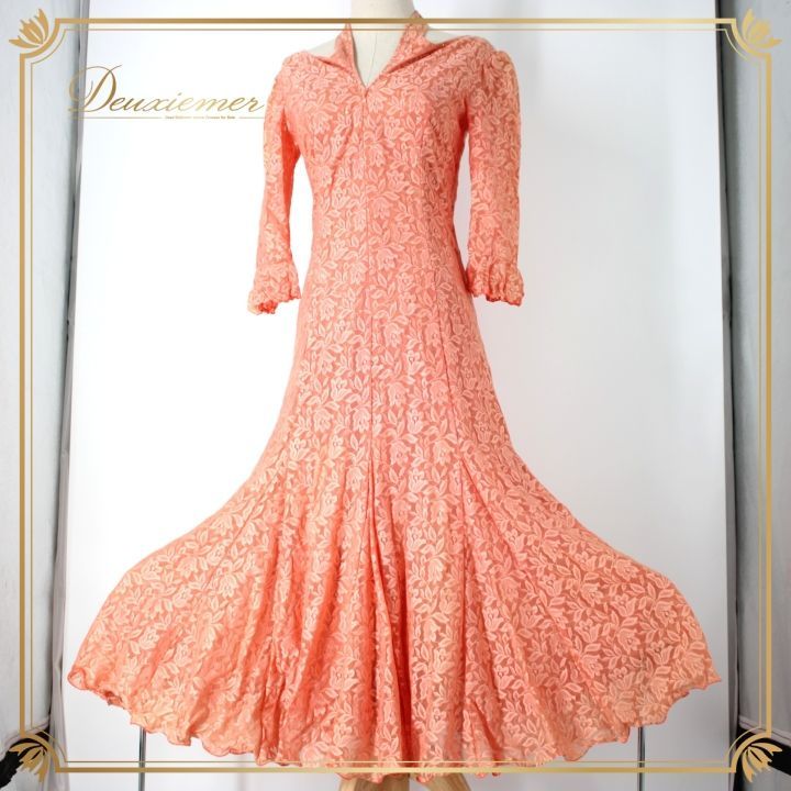 社交ダンス 衣装 スタンダード ドレス ワンピース パーティ衣装 U NA ユーナ オレンジ系 コーラル 花柄 レース かわいい フェミニン 上品 コスチューム パーティードレス ラインストーン 伸縮性 フォーマル ドレッシー エレガント ショーダンス お洒落