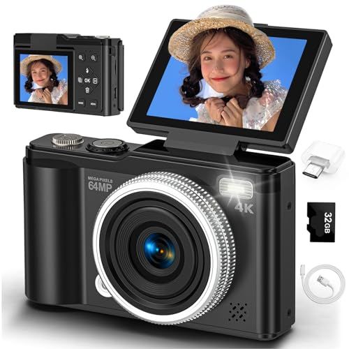 デジカメ 4 K デジタルカメラ 6400万画素 180度回転 ディスプレイ 自撮り 16倍デジタルズーム オートフォーカス機能 スマイル検出 連続撮影 2.4インチ画面 ウェブカメラ 32 GBカード付き 初心者向け コンパクト YouTube 子供 クリpo