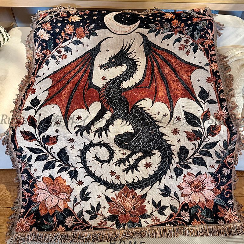 ブランケット 多用途 ドラゴン 龍 物語 お時話 おしゃれ インテリア 北欧 竜 160 cm x 130 ラグ フリンジ ソファー カバー マルチ 長方形 ひざ掛け 肩掛け 毛布 カーペット 絨毯