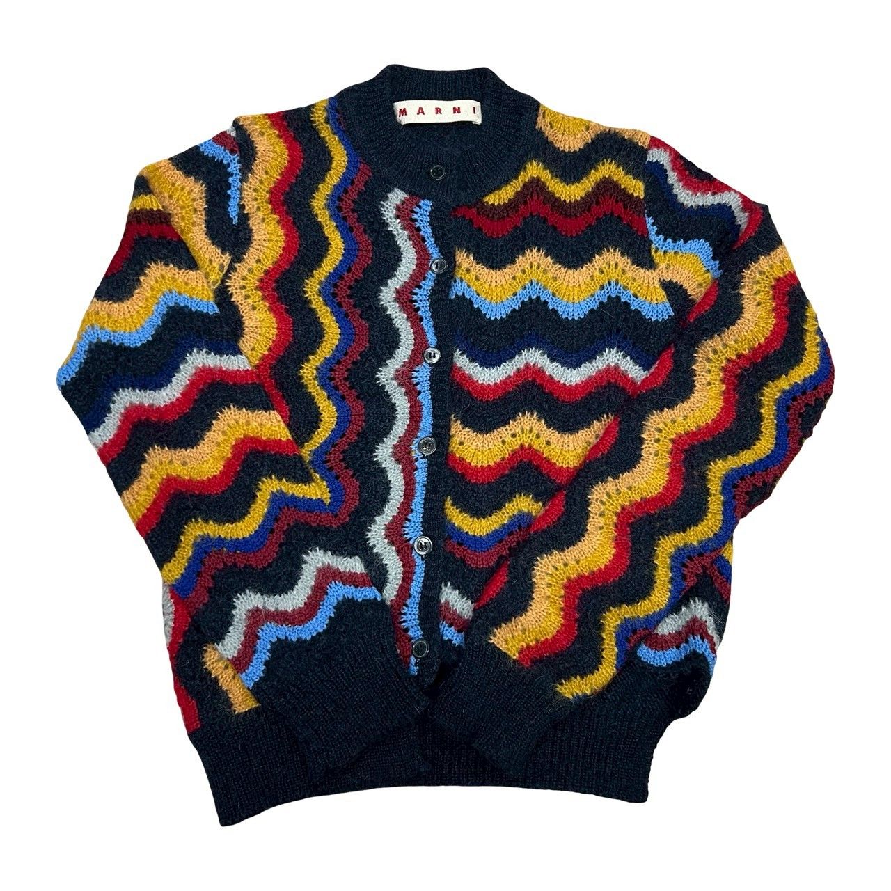 品 MARNI マルニ ウール ナイロン モヘア クルーネック カーディガン ニット セーター ネイビー マルチカラー 45527