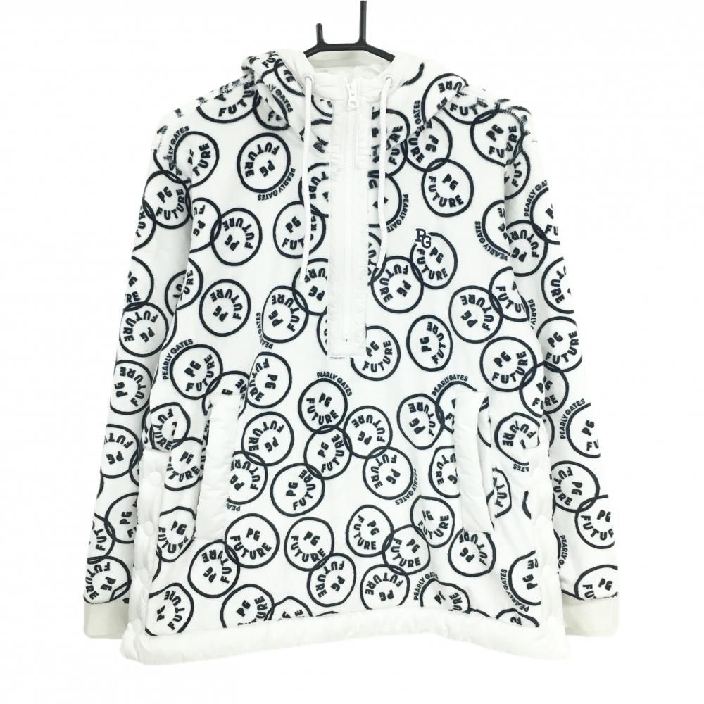 パーリーゲイツ フード付ブルゾン 白×ネイビー PG FUTUREニコちゃん柄 起毛 パーカー レディース 1 M ゴルフウェア PEARLY GATES