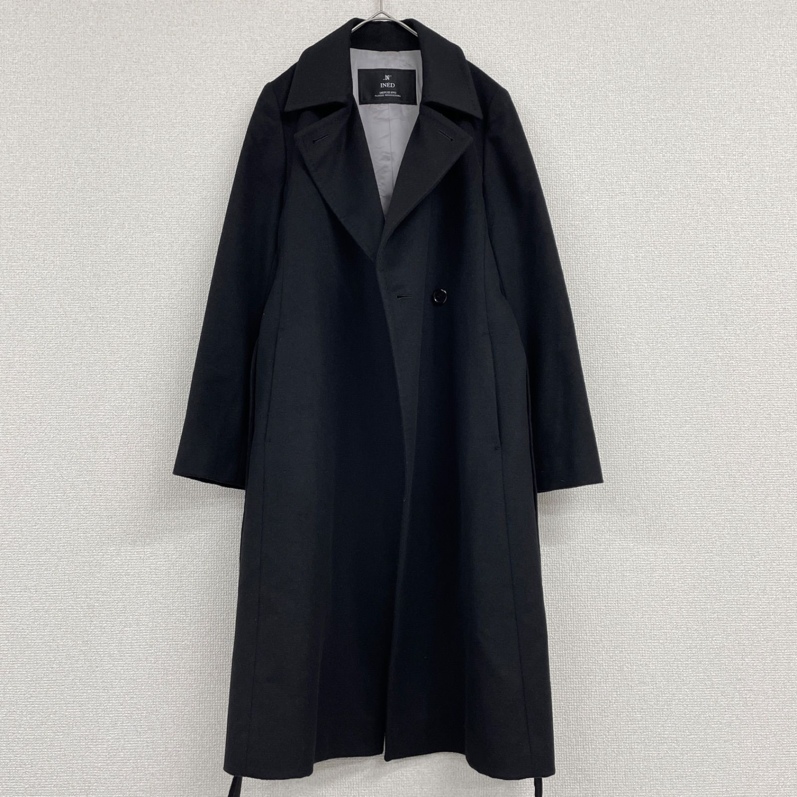【美品】INED カシミヤ100% 女優襟 ロングコート ベルト付 13号 黒 INED イネド ロングコート ベルト カシミヤ100％ ブラック 日本製