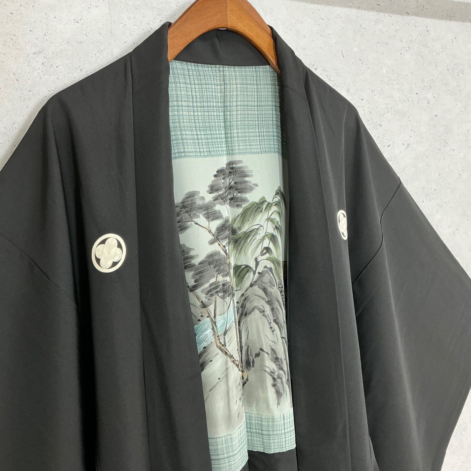 one＊男前屋＊厳選✳︎男黒紋付＊アンサンブル＊男着物＊男羽織＊羽二重＊正絹＊五つ紋＊作家物＊裄71丈138.5＊男着物男長羽織男襦袢男袴角帯男帯成人式