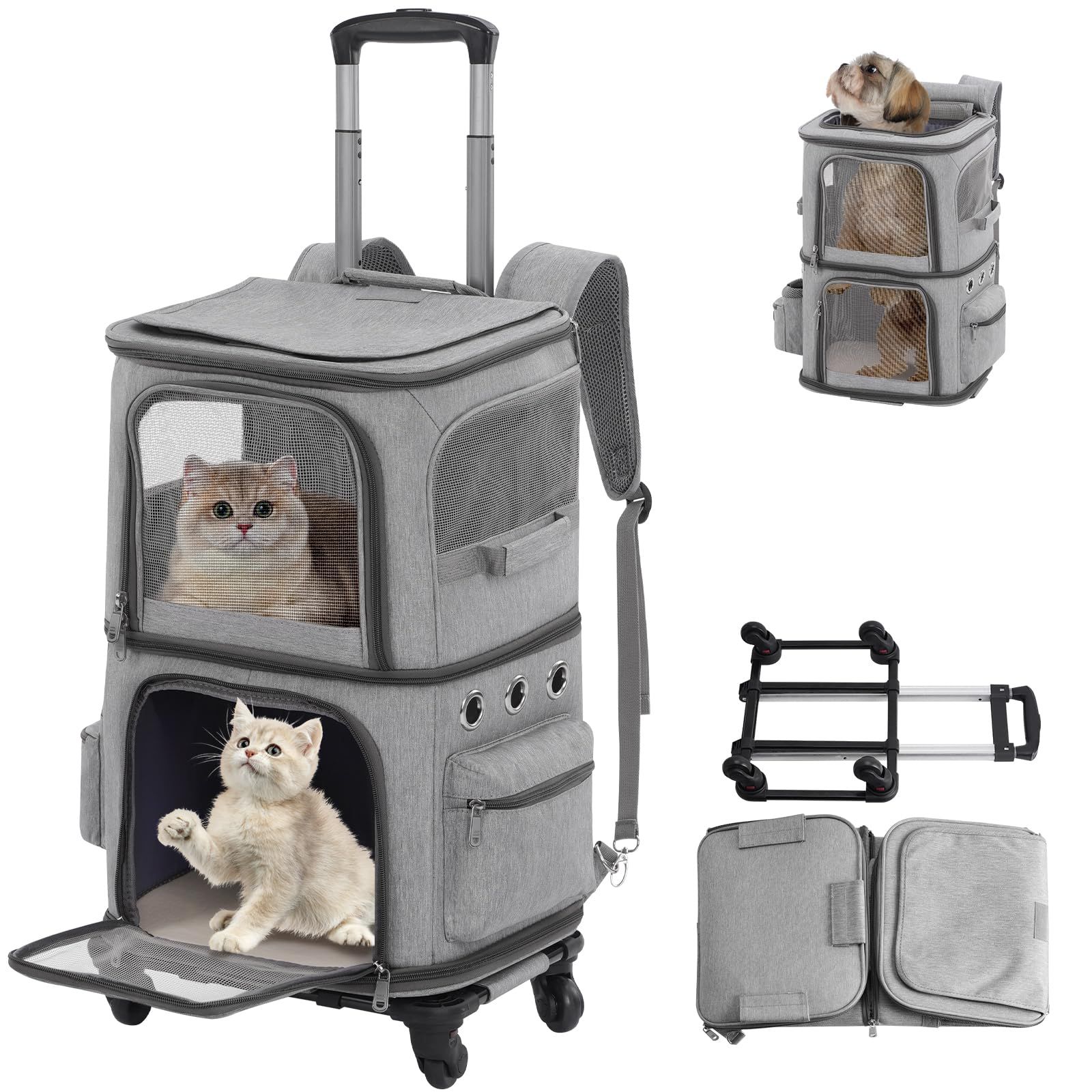 猫 2 匹 キャリー リュック キャスター付き 小型 犬 カート 2段式 ペット ネコ の トロリーバッグ 大容量 通気性 旅行 通院 交通機関 災害避難用 グレー