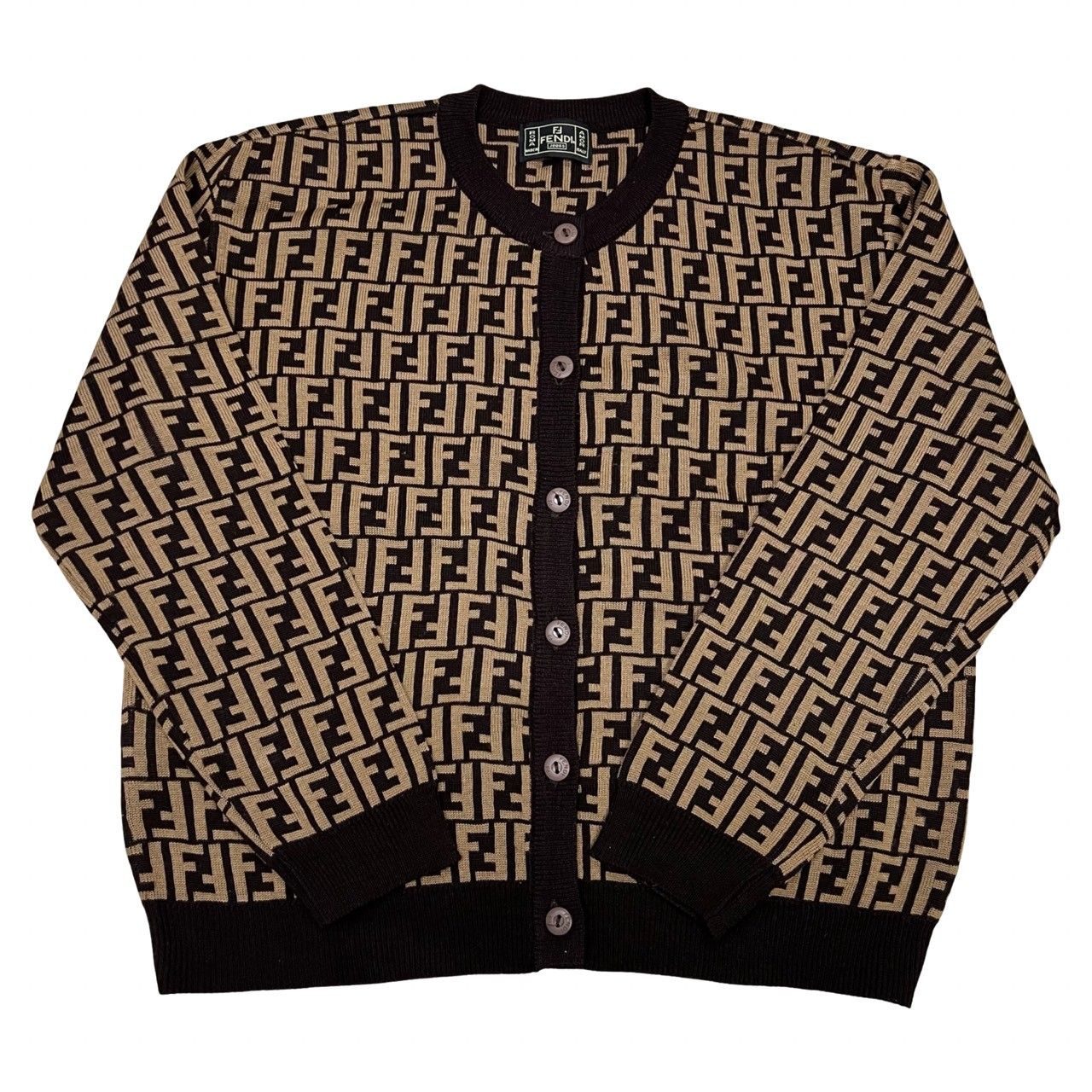 FENDI フェンディ ズッカ FF 柄 ウール アクリル クルーネック カーディガン ニット セーター ブラウン 44063